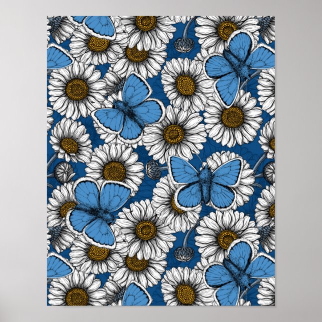 Póster Daisies, flores silvestres blancas y mariposas azu (Frente)