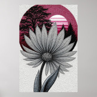 Póster Daisy de puntillismo con puesta de sol rosa y silu
