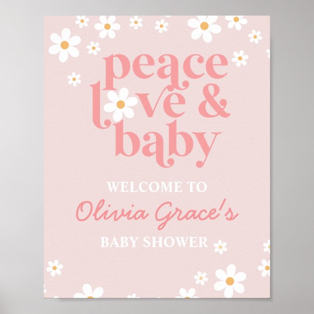 Póster Daisy Pink Retro Peace Love Baby Shower Bienvenida (Frente)
