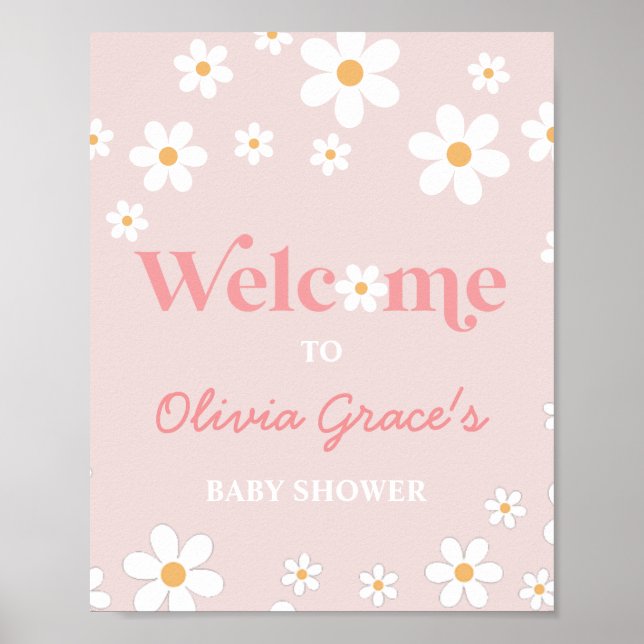 Póster Daisy Pink Retro Peace Love Baby Shower Welcome Po (Frente)
