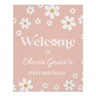 Póster Daisy Retro Rosa primer cumpleaños Bienvenida