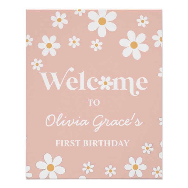 Póster Daisy Retro Rosa primer cumpleaños Bienvenida  (Anverso)