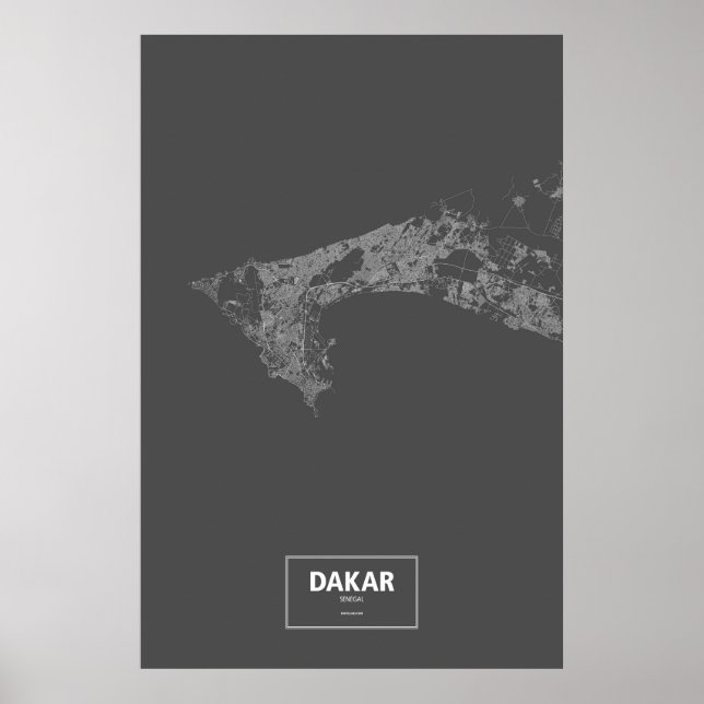 Póster Dakar, Senegal (blanco sobre negro) (Frente)