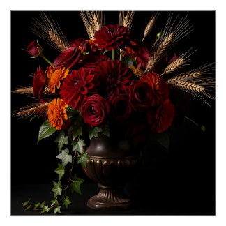 Póster Dalia de Trigo Floral Vida Muerta Rosas de Borgoña