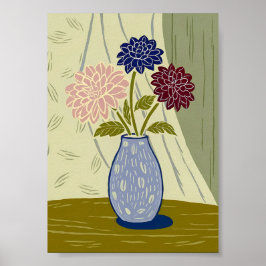 Póster Dalias de Linograbado Antiguo en Jarrón Azul Textu