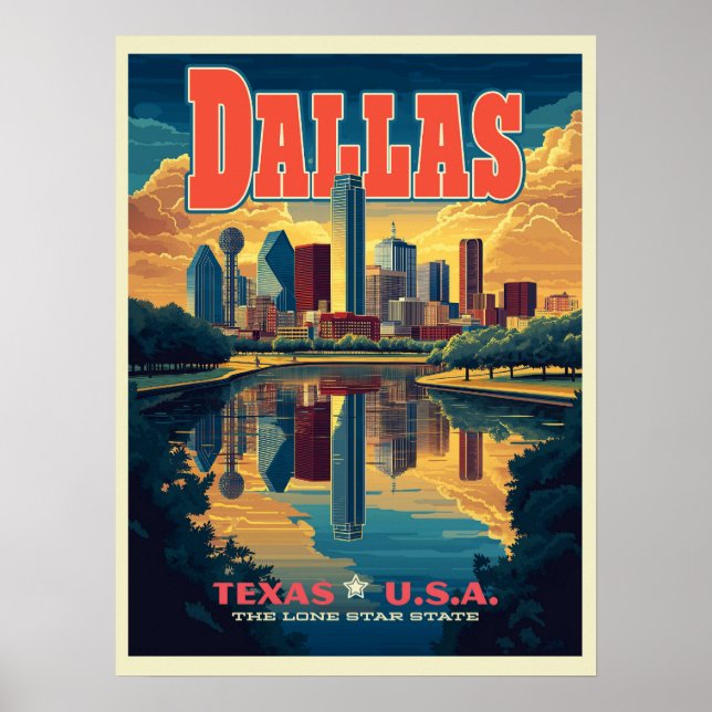 Póster Dallas Skyline Retro Travel (Frente)