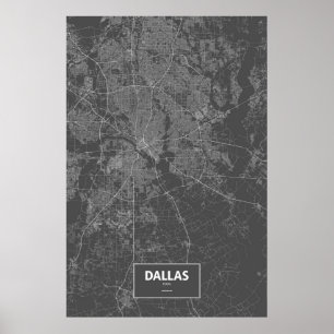 Póster Dallas, Texas (blanco sobre negro)