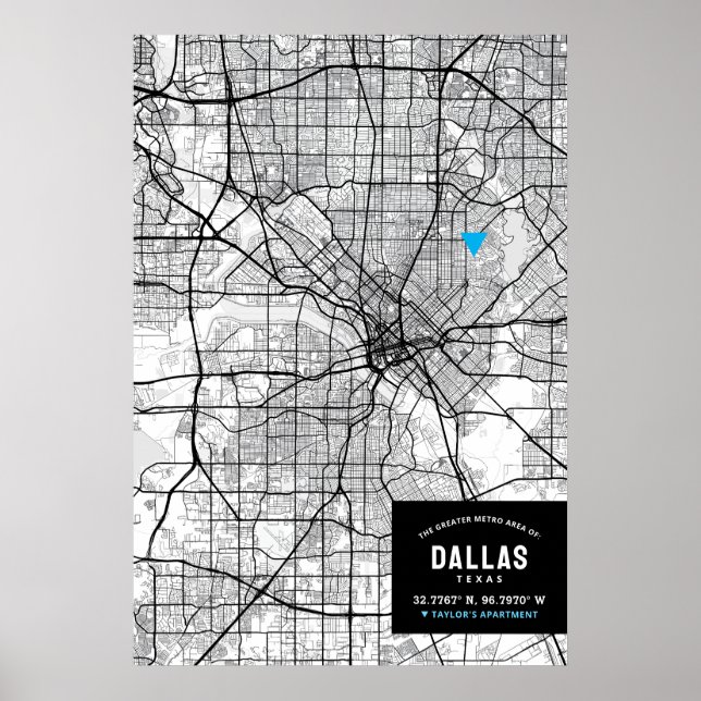 Póster Dallas, Texas City Map y Mark Your Location (Frente)
