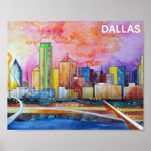 Póster Dallas Texas Watercolor City Skyline