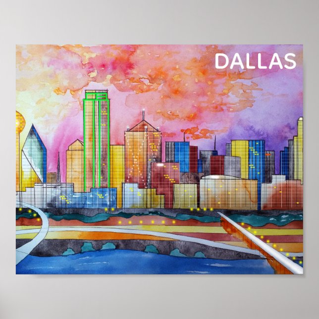 Póster Dallas Texas Watercolor City Skyline (Frente)