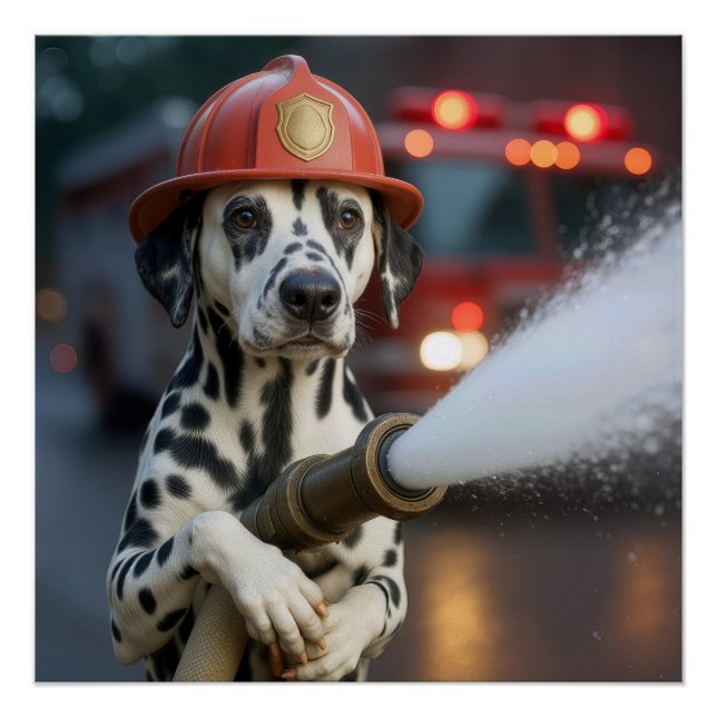 Póster Dalmatian Dog With a Fire Hose (Anverso)