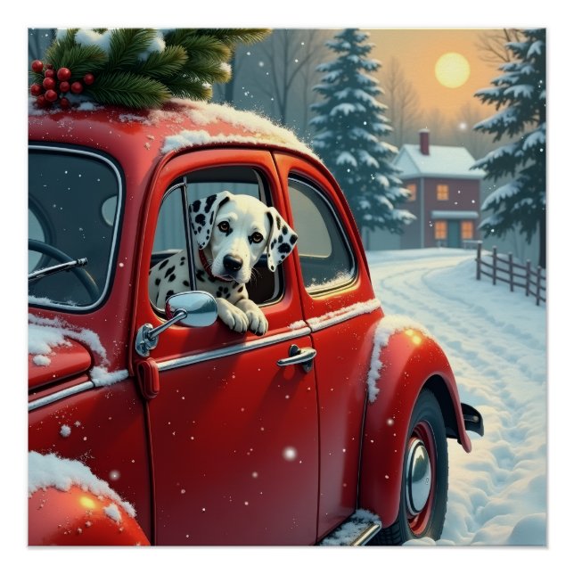 Póster Dalmatian Snowy Car Ride Christmas Painting (Anverso)