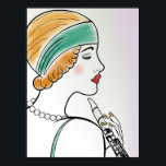 Póster Dama Art Deco con Clarinet<br><div class="desc">Bonito dibujo digital del perfil de una mujer sosteniendo un clarinete en un estilo Art Déco clásico. Tiene cabello marrón claro y lleva una verde azulada venda y perlas, y tiene un pintalabios rojo de coral. Sus ojos están casi cerrados, por lo que sus pestañas aparecen. El fondo es un...</div>