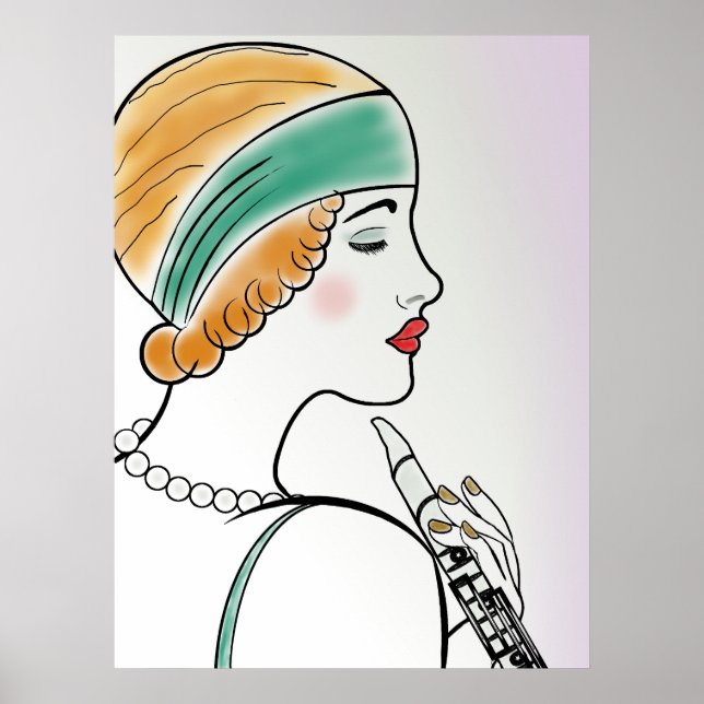 Póster Dama Art Deco con Clarinet (Frente)