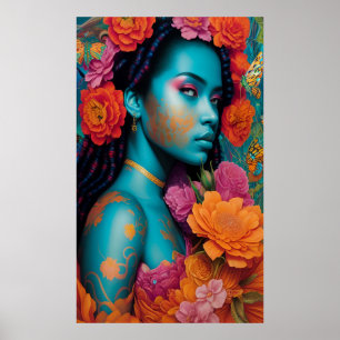 Póster Dama azul con cabello en espiral