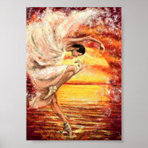 Póster Dama Bailando en Puesta de Sol en el Mar - Pintura