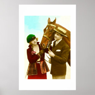 Póster Dama, caballero y caballo vintage