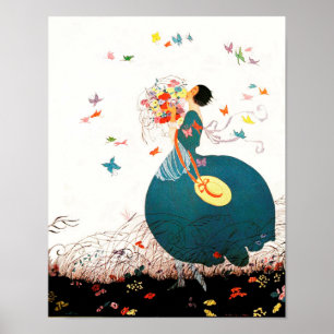 PÓSTER DAMA CON BOUQUET DE FLORES Y MARIPOSAS