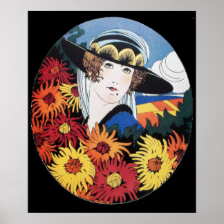 Póster Dama con flores de crisantemo, negro