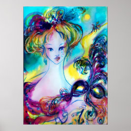 Póster DAMA CON MÁSCARA PLUMADA Noche de Mascarada Veneci