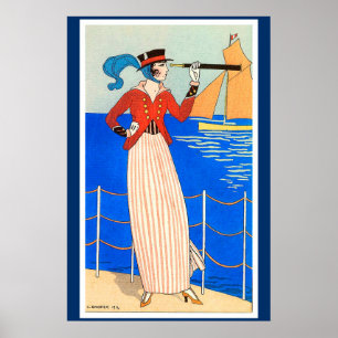PÓSTER DAMA CON MONÓCULO ART DÉCO BELLEZA NAÚTICA DE MODA