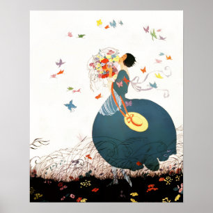PÓSTER DAMA CON RAMO DE FLORES Y MARIPOSAS