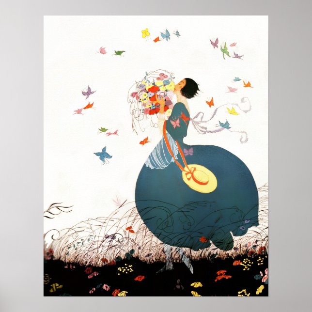 PÓSTER DAMA CON RAMO DE FLORES Y MARIPOSAS (Frente)