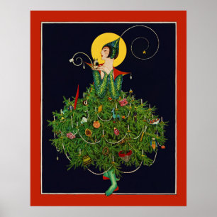 PÓSTER DAMA CON REGALOS DE NAVIDAD ART DÉCO BELLEZA MODA 