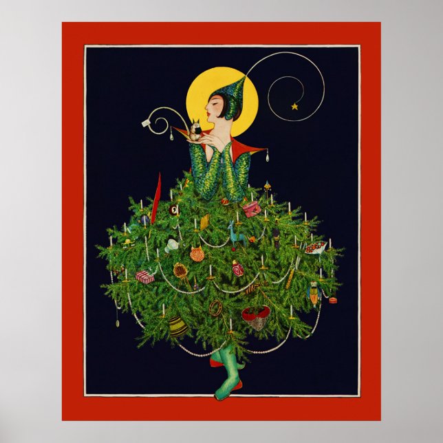PÓSTER DAMA CON REGALOS DE NAVIDAD ART DÉCO BELLEZA MODA  (Frente)