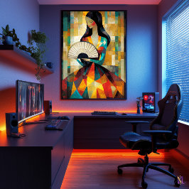 Póster Dama con un abanico - Cubista inspirada en klimt