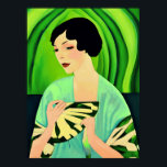 Póster Dama de Art Deco con ventilador en verde jade<br><div class="desc">Imprimir en un retrato Art Deco de una dama con un kimono,  sosteniendo un ventilador,  sobre un fondo abstracto verde jade</div>