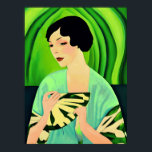 Póster Dama de Art Deco con ventilador en verde jade<br><div class="desc">Imprimir en un retrato Art Deco de una dama con un kimono,  sosteniendo un ventilador,  sobre un fondo abstracto verde jade</div>