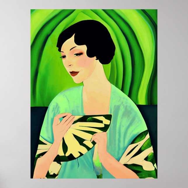 Póster Dama de Art Deco con ventilador en verde jade (Frente)