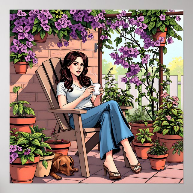 Póster Dama de bonito bebiendo café relajándose fuera (Frente)