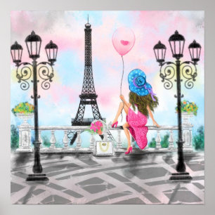 Póster Dama de bonito con globo de corazón rosado - Amo 