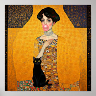 Póster Dama de chicle rosa con gato negro Gustav Klimt