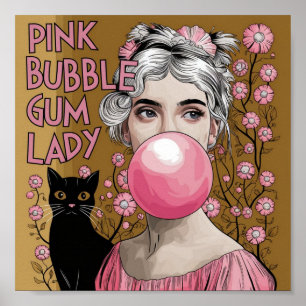 Póster Dama de chicle rosa con gato negro Gustav Klimt