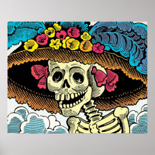Póster Dama de Cráneo de Azúcar con Sombrero Solar Floral