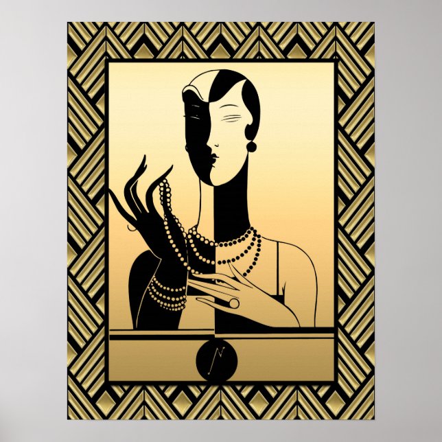 Póster Dama de estilo Art Deco Negro y Oro (Frente)