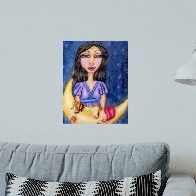 Póster Dama de Fantasía Sosteniendo Luna Creciente Durmie (Fantasy woman purple dress yellow sleeping crescent moon on dark night blue art wall poster.)