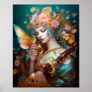 Póster Dama De Fantasías Con Ave Lute Y Mariposa