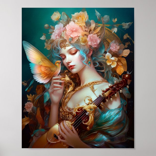 Póster Dama De Fantasías Con Ave Lute Y Mariposa (Frente)