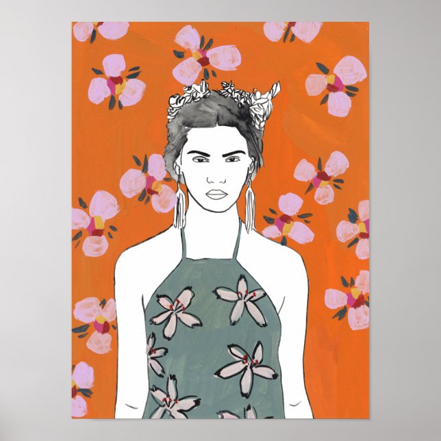 Póster Dama de flores rosadas - Naranja (Frente)