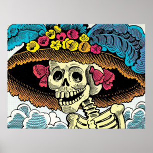 Póster Dama de la Calavera Azucarera con Sombrero Floral