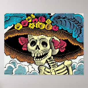 Póster Dama de la Calavera Azucarera con Sombrero Floral 