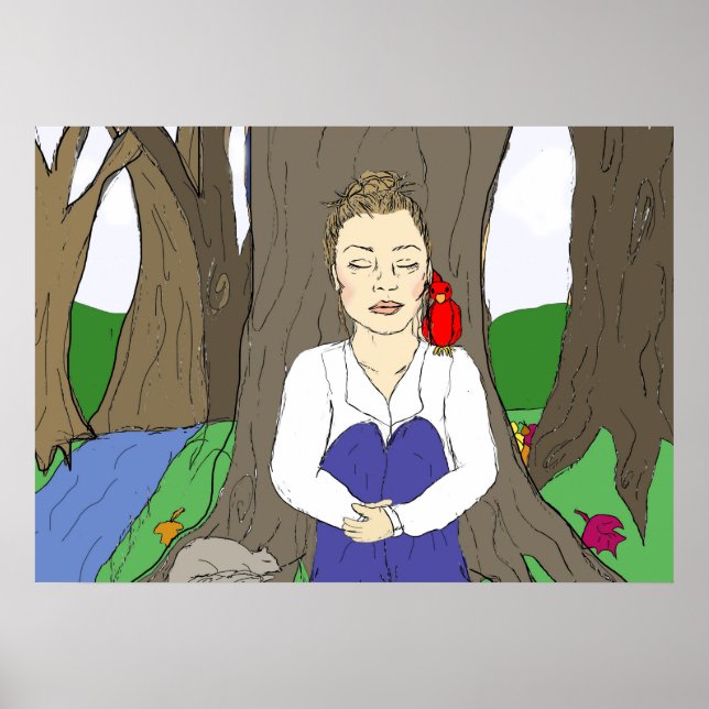 Póster Dama de la mano meditando en el bosque (Frente)