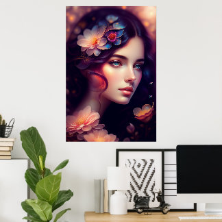 Póster Dama elegante con flores naranjas rosas y azules