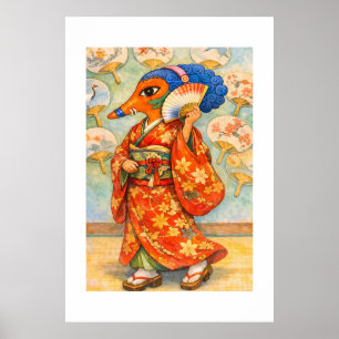 Póster Dama Elegante Zorro en Kimono con Abanico
