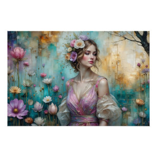 Póster Dama en rosa, paisaje floral texturizado verde azu