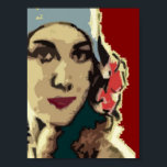 Póster Dama en un Gorra azul de los años 1920<br><div class="desc">Retrato al estilo del arte pop de una elegante dama de los años 20 en un gorra azul contra un rico fondo rojo.</div>